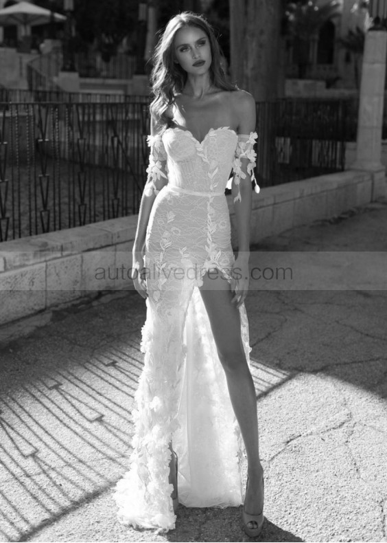 Off Shoulder Ivory Lace High Slit Wedding Dress